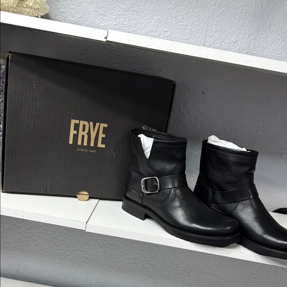 Frye Black Leather Buckle Boots